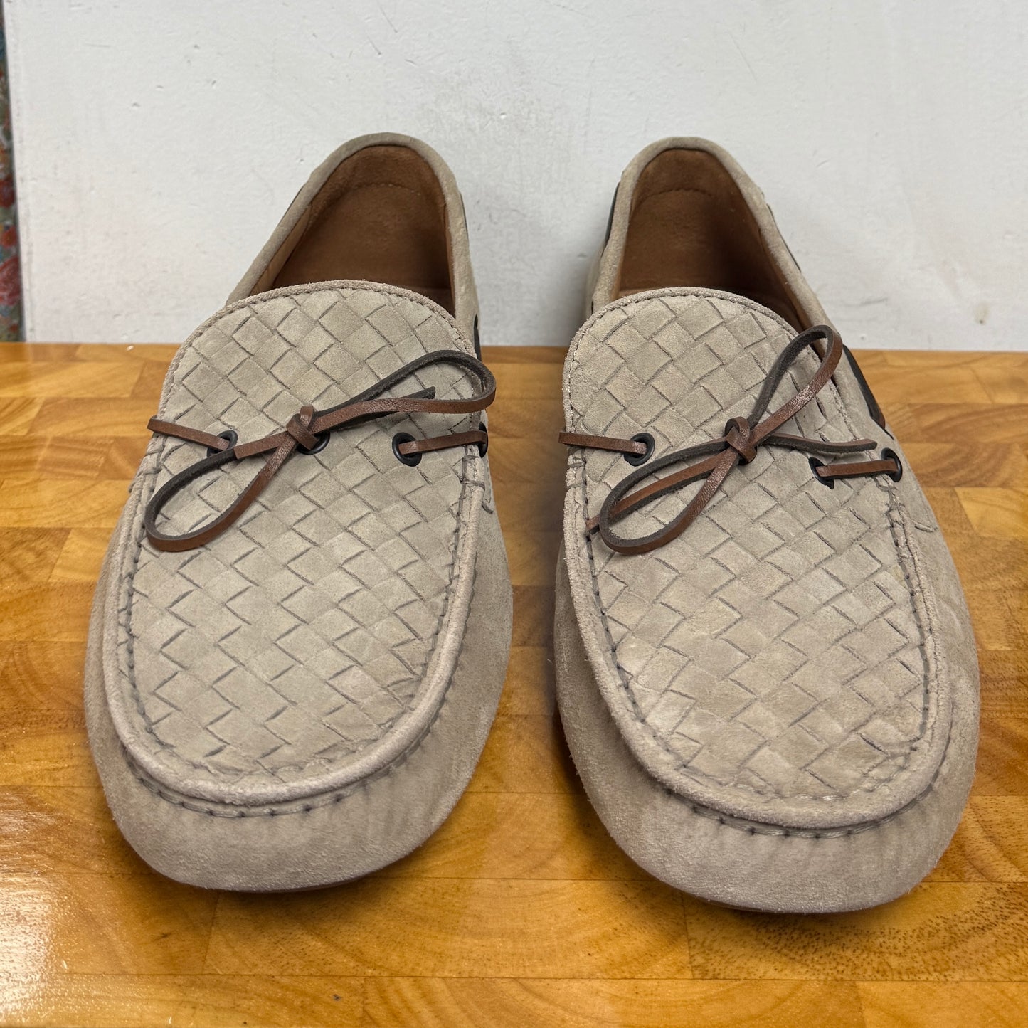 MEN'S Bottega Veneta Greige Woven Suede Moccasins Loafers Size 43.5 US 10.5