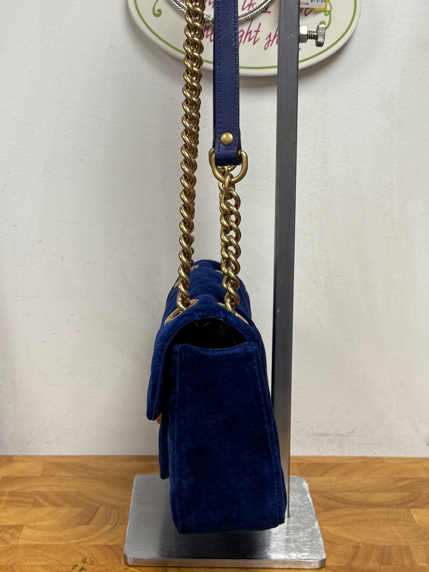 GUCCI Cobalt Blue Velvet GG Marmont Crossbody Shoulder Bag