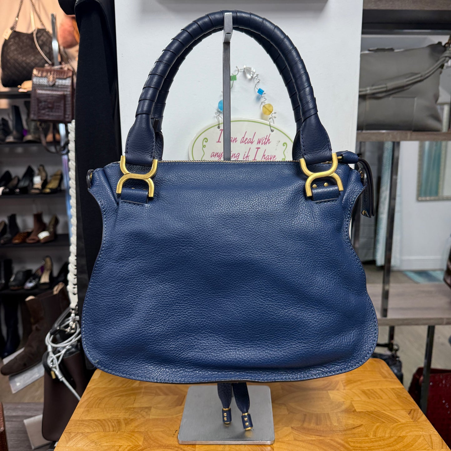 CHLOE Blue Leather Marcie Shoulder Bag + Crossbody Strap