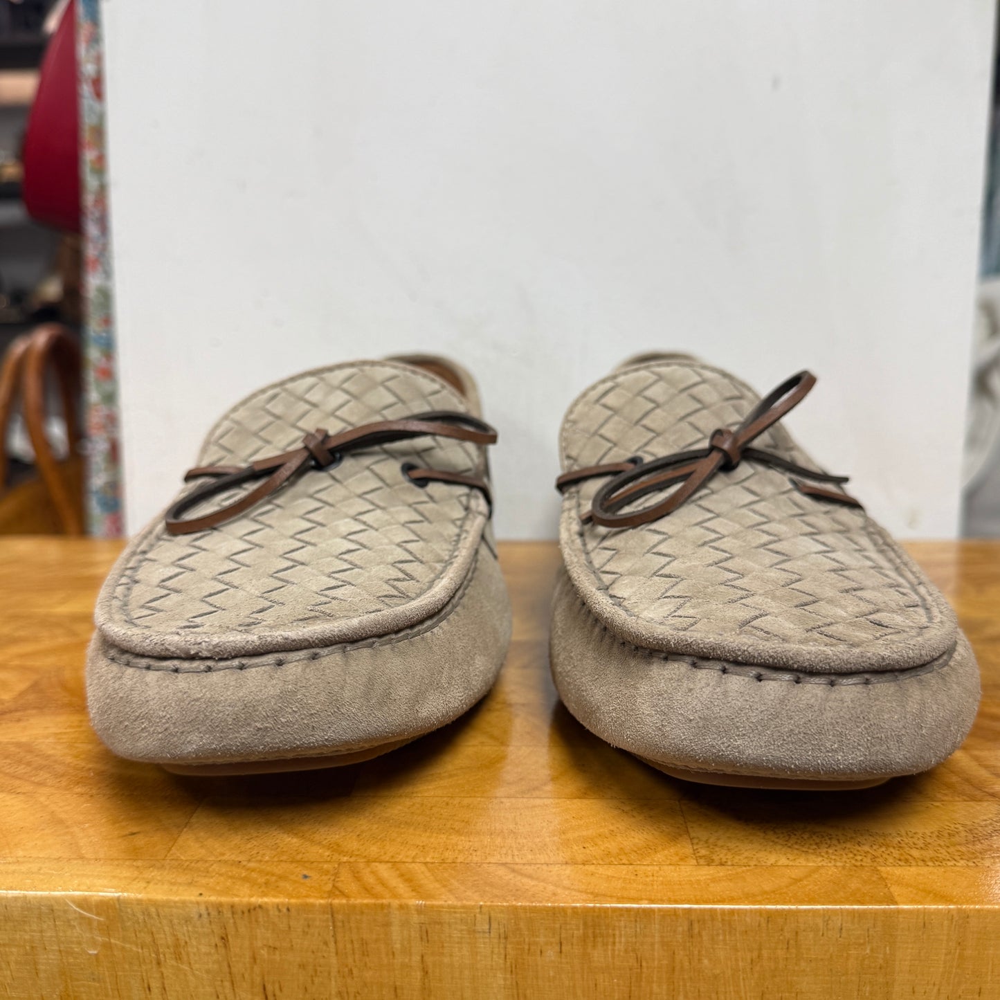 MEN'S Bottega Veneta Greige Woven Suede Moccasins Loafers Size 43.5 US 10.5
