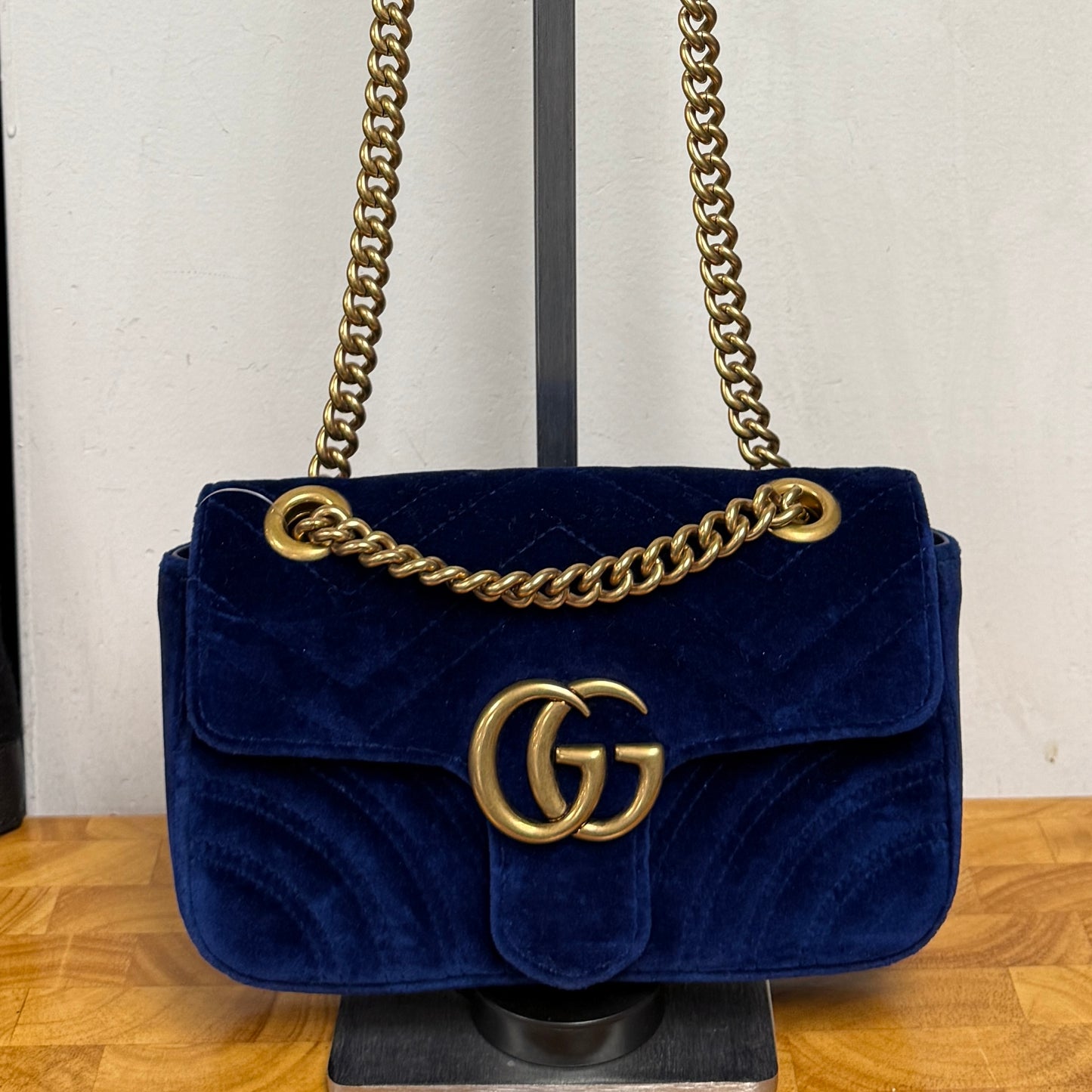 GUCCI Cobalt Blue Velvet GG Marmont Crossbody Shoulder Bag