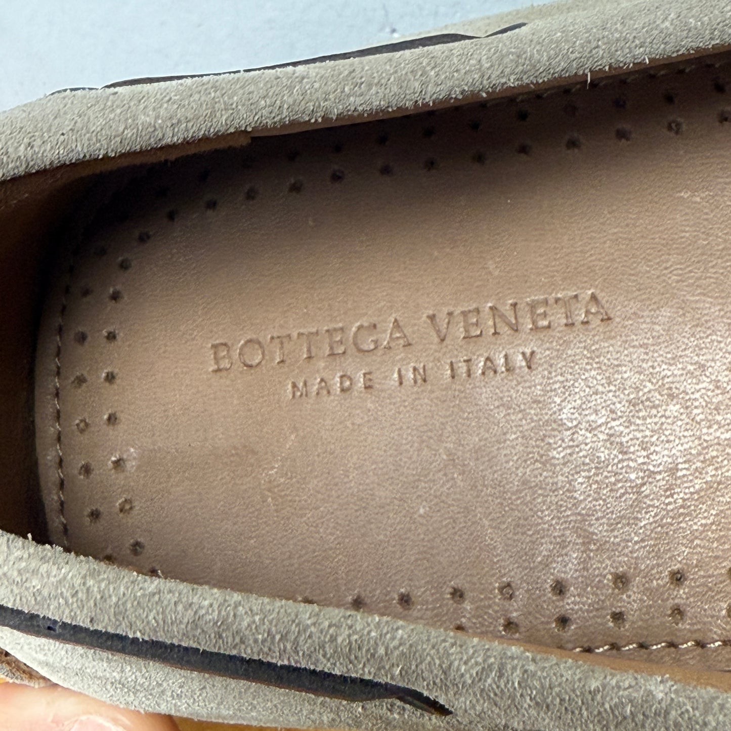 MEN'S Bottega Veneta Greige Woven Suede Moccasins Loafers Size 43.5 US 10.5