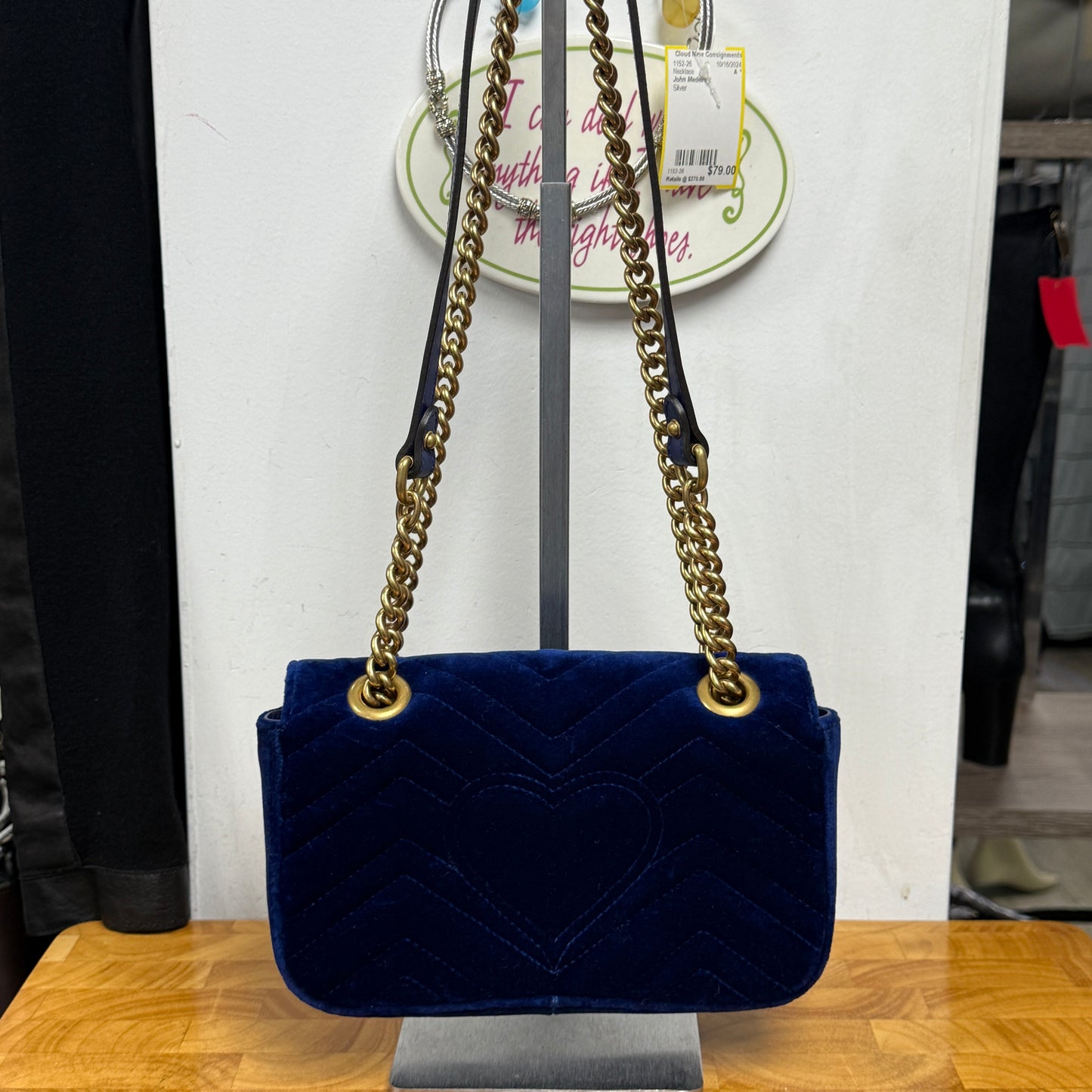 GUCCI Cobalt Blue Velvet GG Marmont Crossbody Shoulder Bag