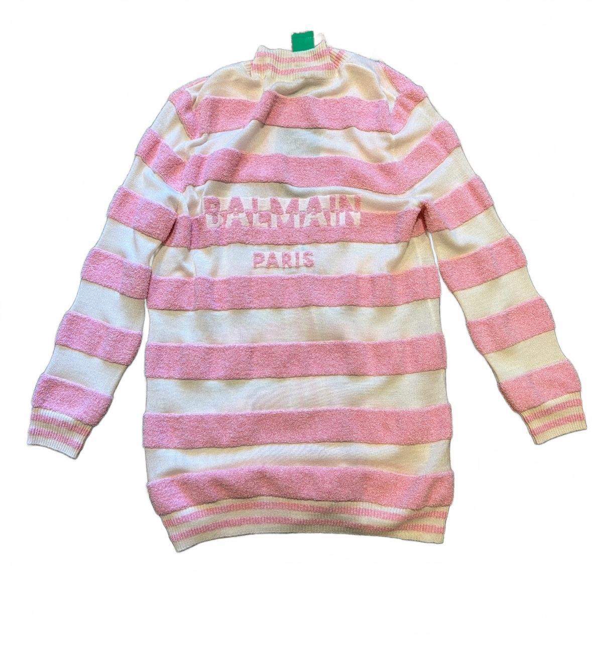 Balmain Paris Pink & White Striped Logo Cardigan