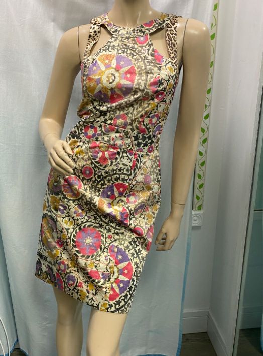 CLASS Roberto Cavalli Cotton Blend Metallic Print Bodycon Dress Size 6 Cloud Nine Designer Consignments CLASS Roberto Cavalli Cotton Blend Metallic Print Bodycon Dress Size 6 Cloud Nine Designer Consignments