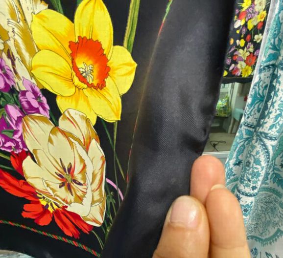 Vintage Gucci Black Floral Tulipano Silk Scarf
