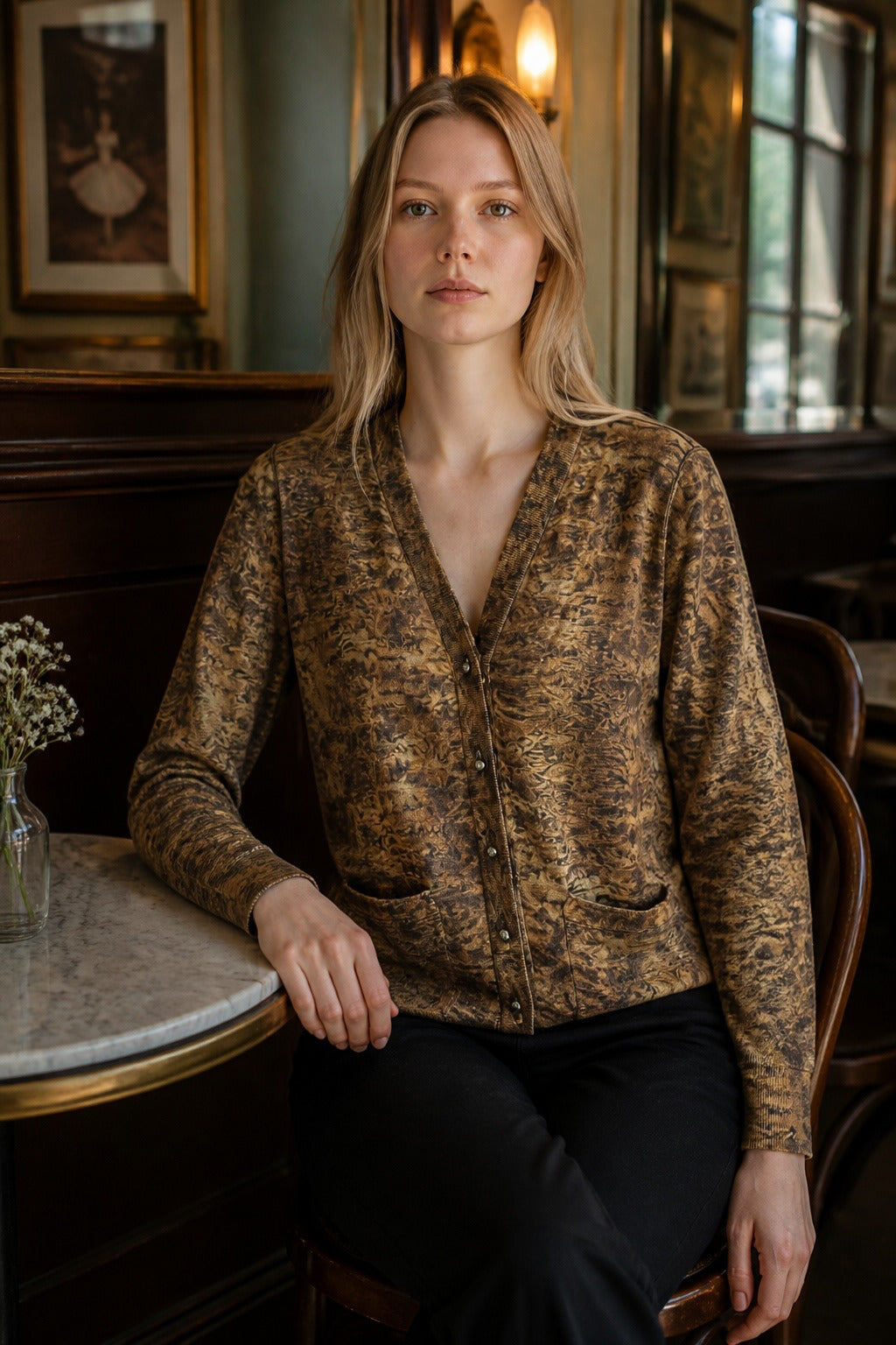 Oscar de la Renta Brown Patterned Cardigan - Size Small