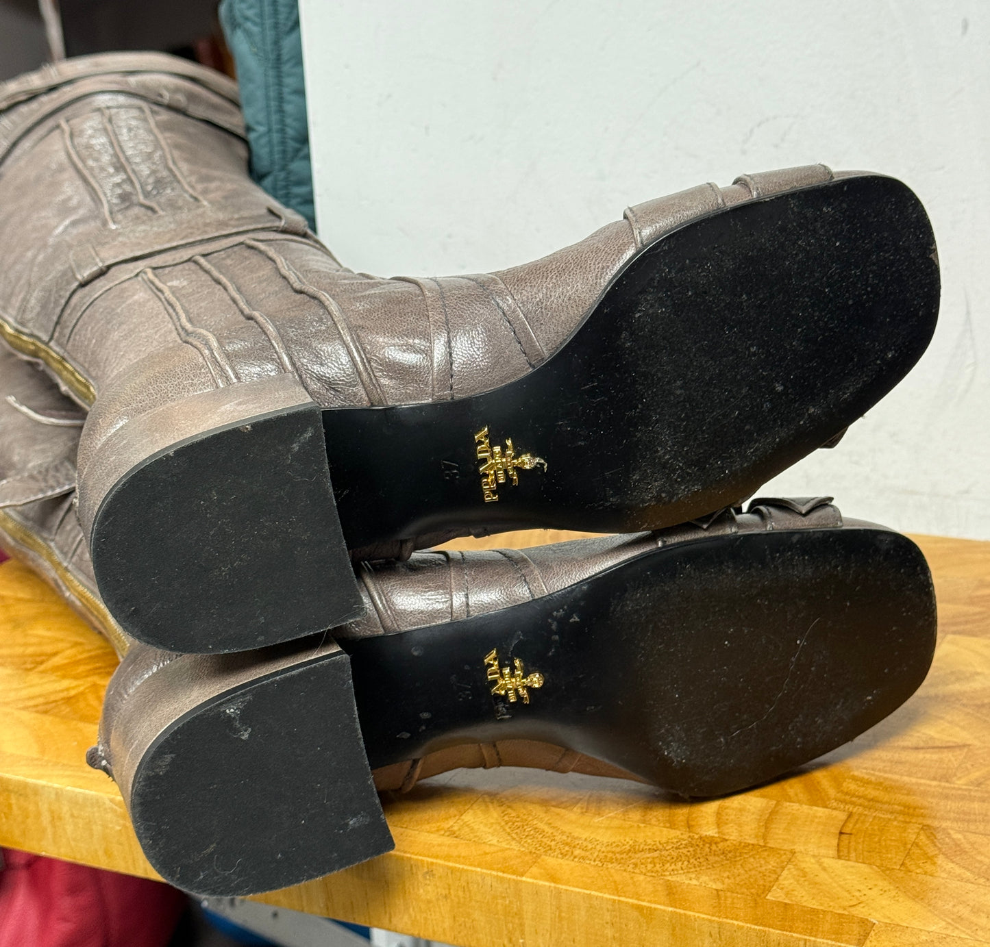 PRADA Taupe Leather Over the Knee Boots Size 37