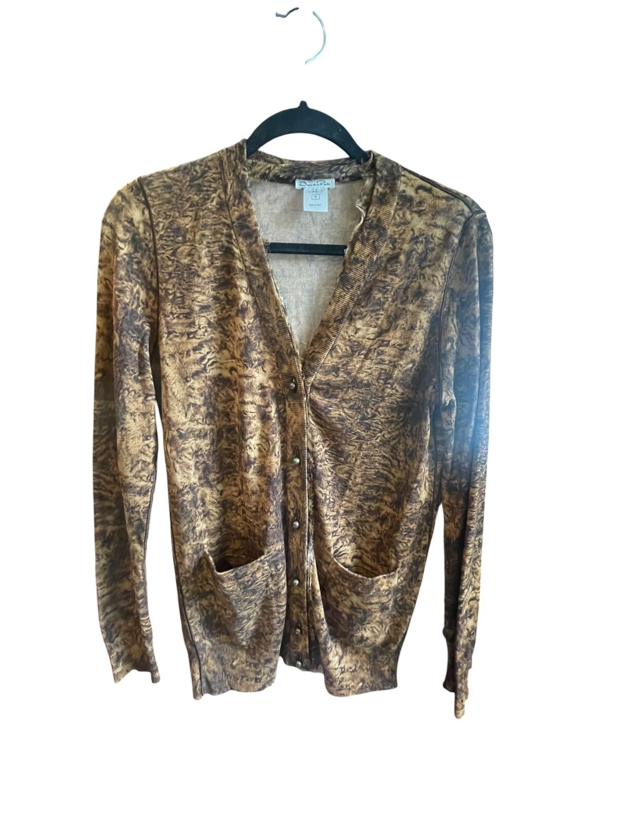Oscar de la Renta Brown Patterned Cardigan - Size Small