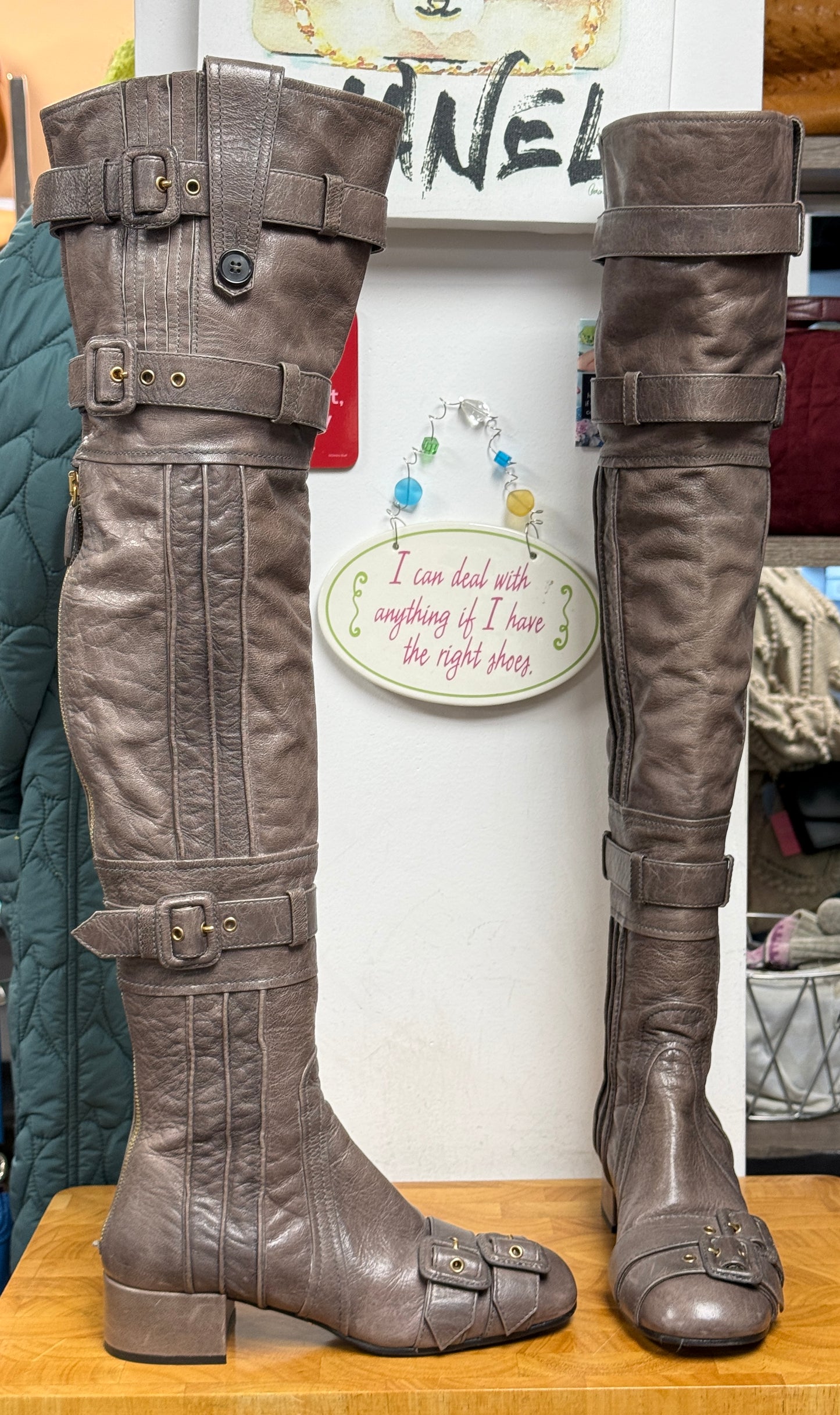 PRADA Taupe Leather Over the Knee Boots Size 37