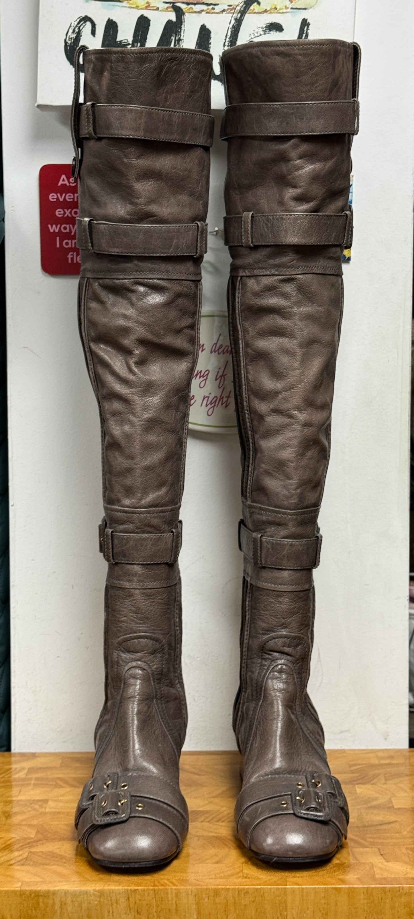 PRADA Taupe Leather Over the Knee Boots Size 37