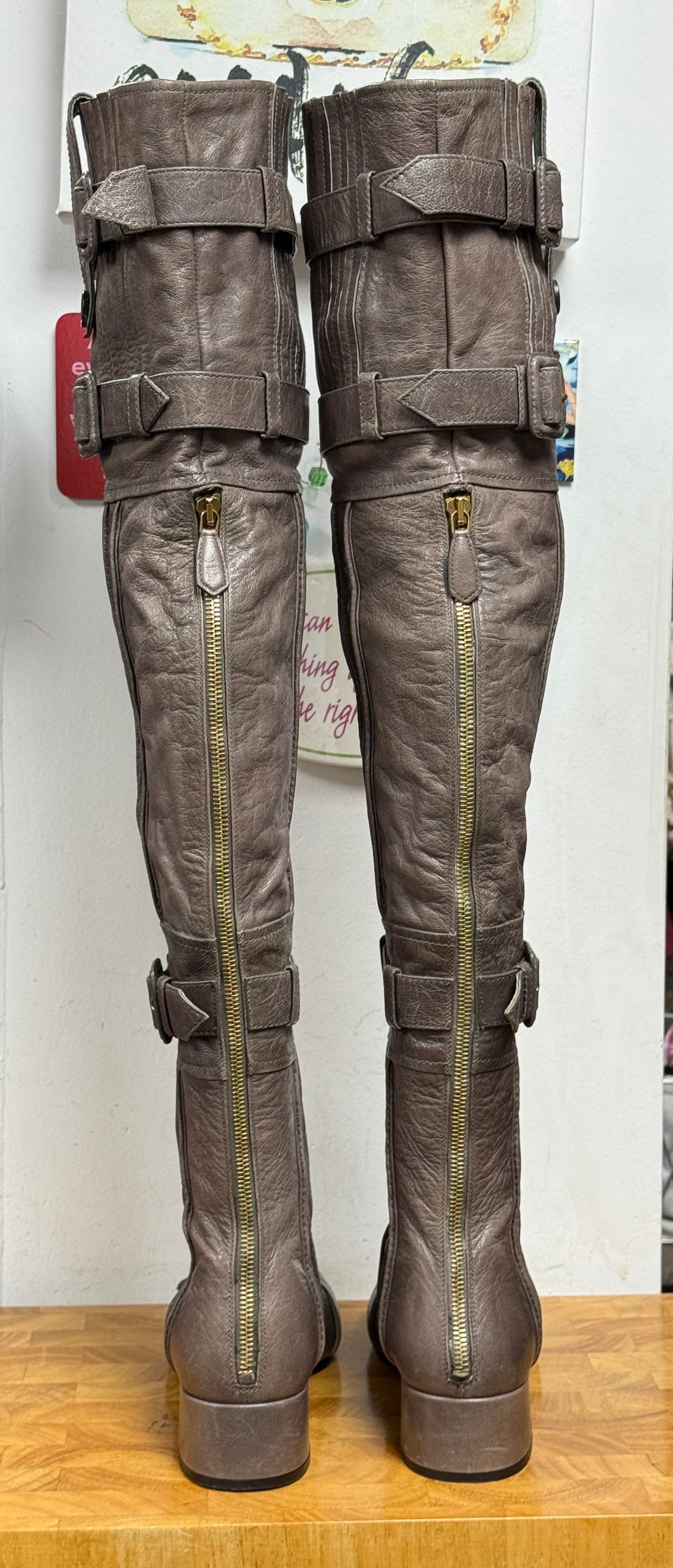 PRADA Taupe Leather Over the Knee Boots Size 37