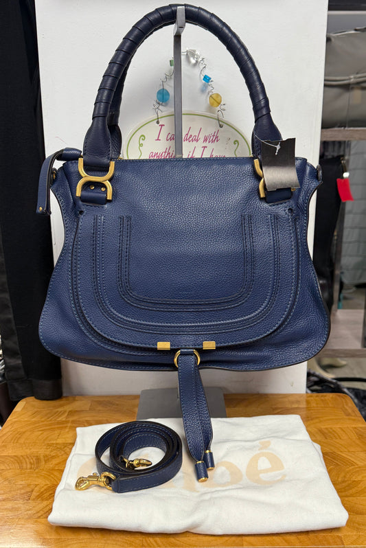 CHLOE Blue Leather Marcie Shoulder Bag + Crossbody Strap