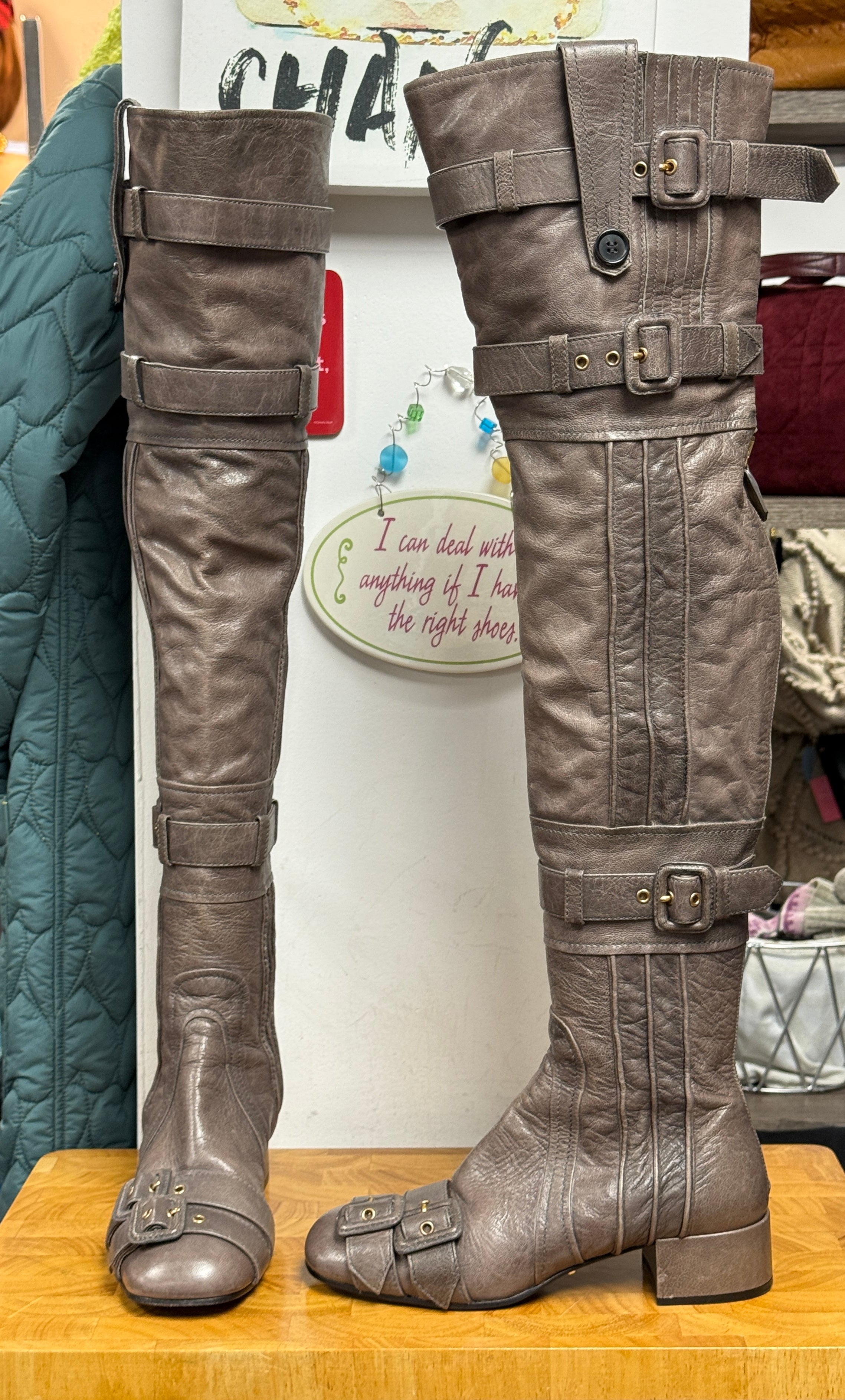PRADA Taupe Leather Over the Knee Boots Size 37 – Cloud Nine