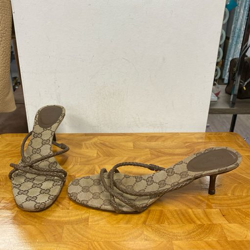 Gucci Brown/Beige Monogram Kitten Heel Sandals Size 7.5 + Box