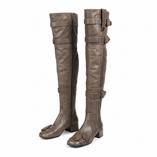PRADA Taupe Leather Over the Knee Boots Size 37