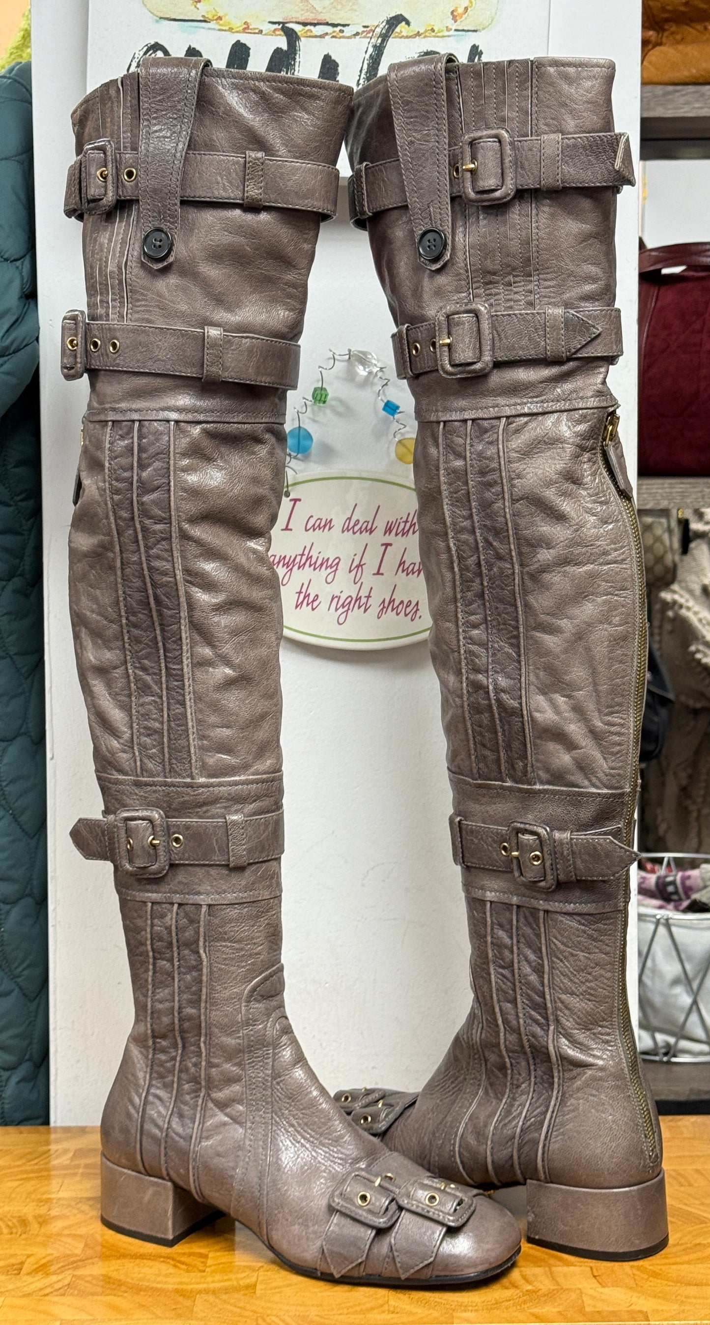 PRADA Taupe Leather Over the Knee Boots Size 37