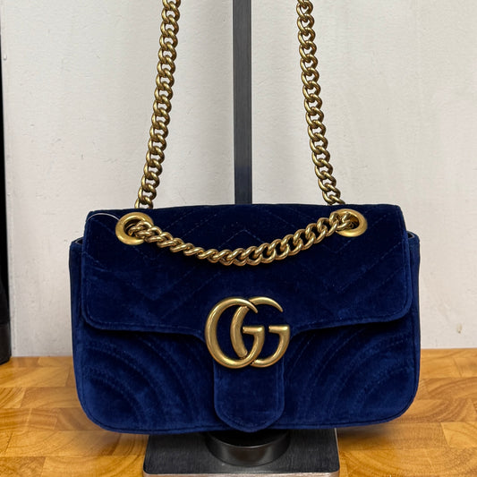GUCCI Cobalt Blue Velvet GG Marmont Crossbody Shoulder Bag