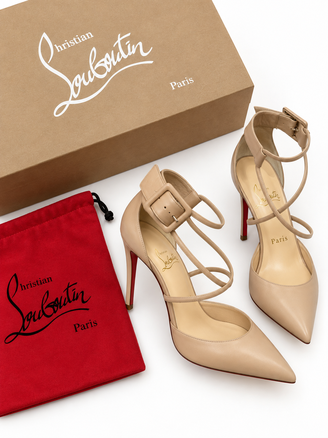 Christian Louboutin Nude Suzanna 100 Strappy Heels Size 36.5 US 6 Box