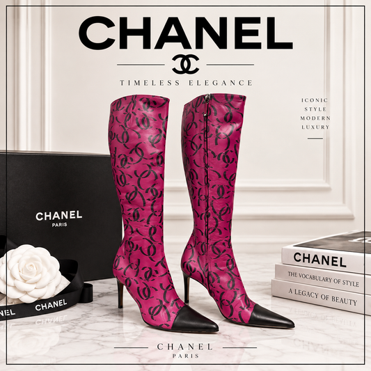CHANEL Vintage Logo CC Leather Cap Toe Boots Size 37.5