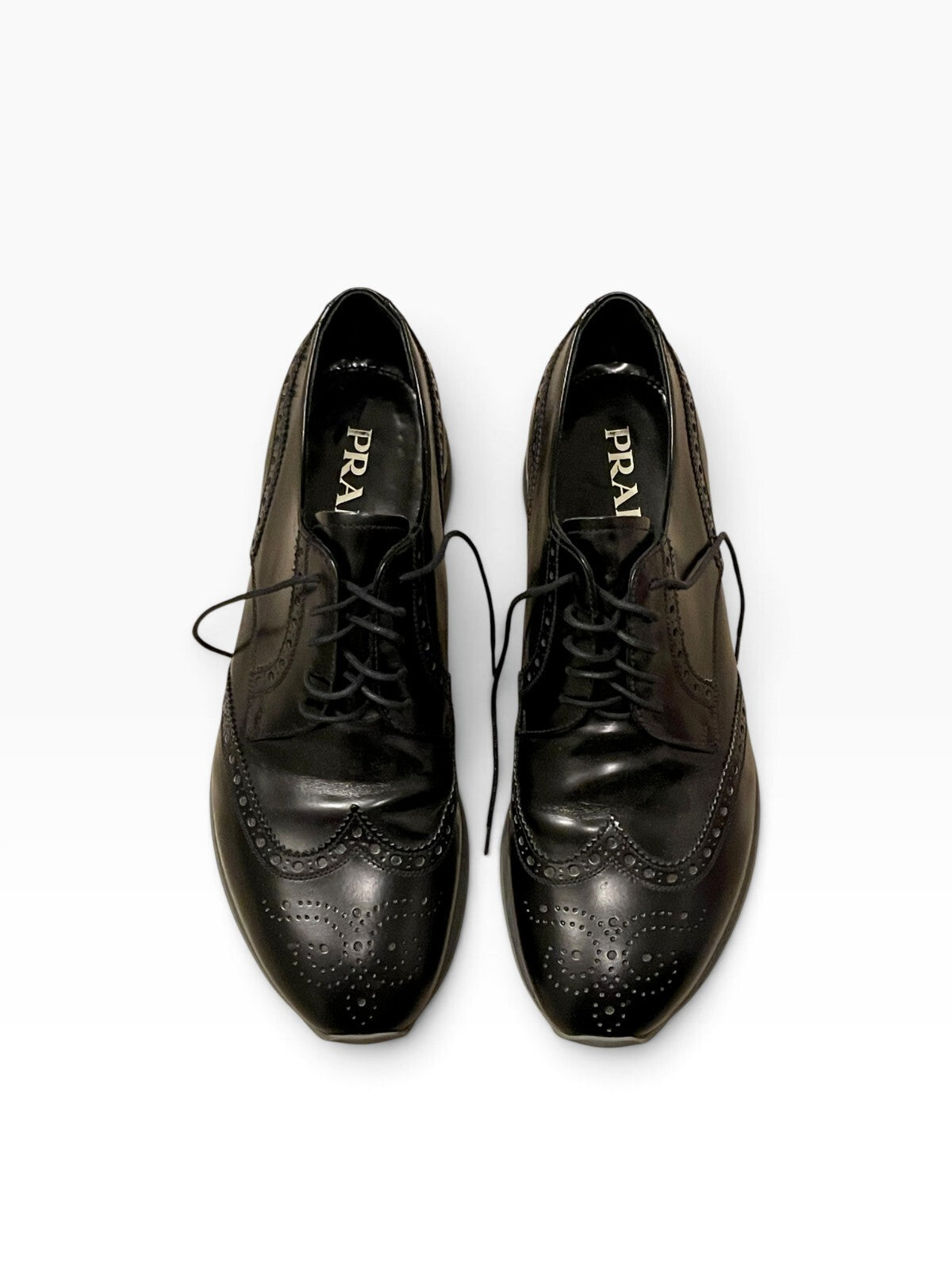 Prada Black Leather Dress Shoe w/ Brogue Detail - Wide EE
