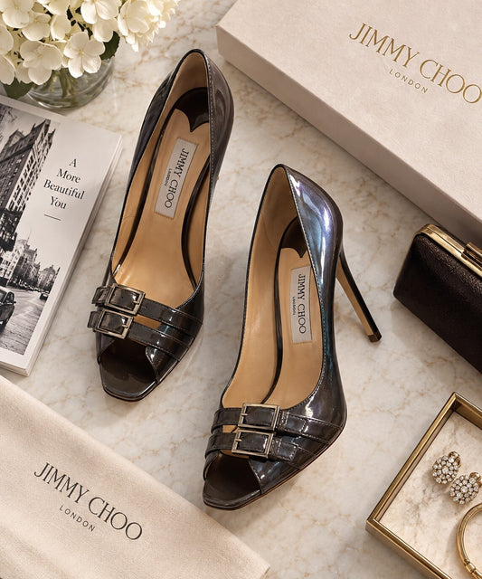 Jimmy Choo double buckle patent Peep Toe Heels - Size 36.5