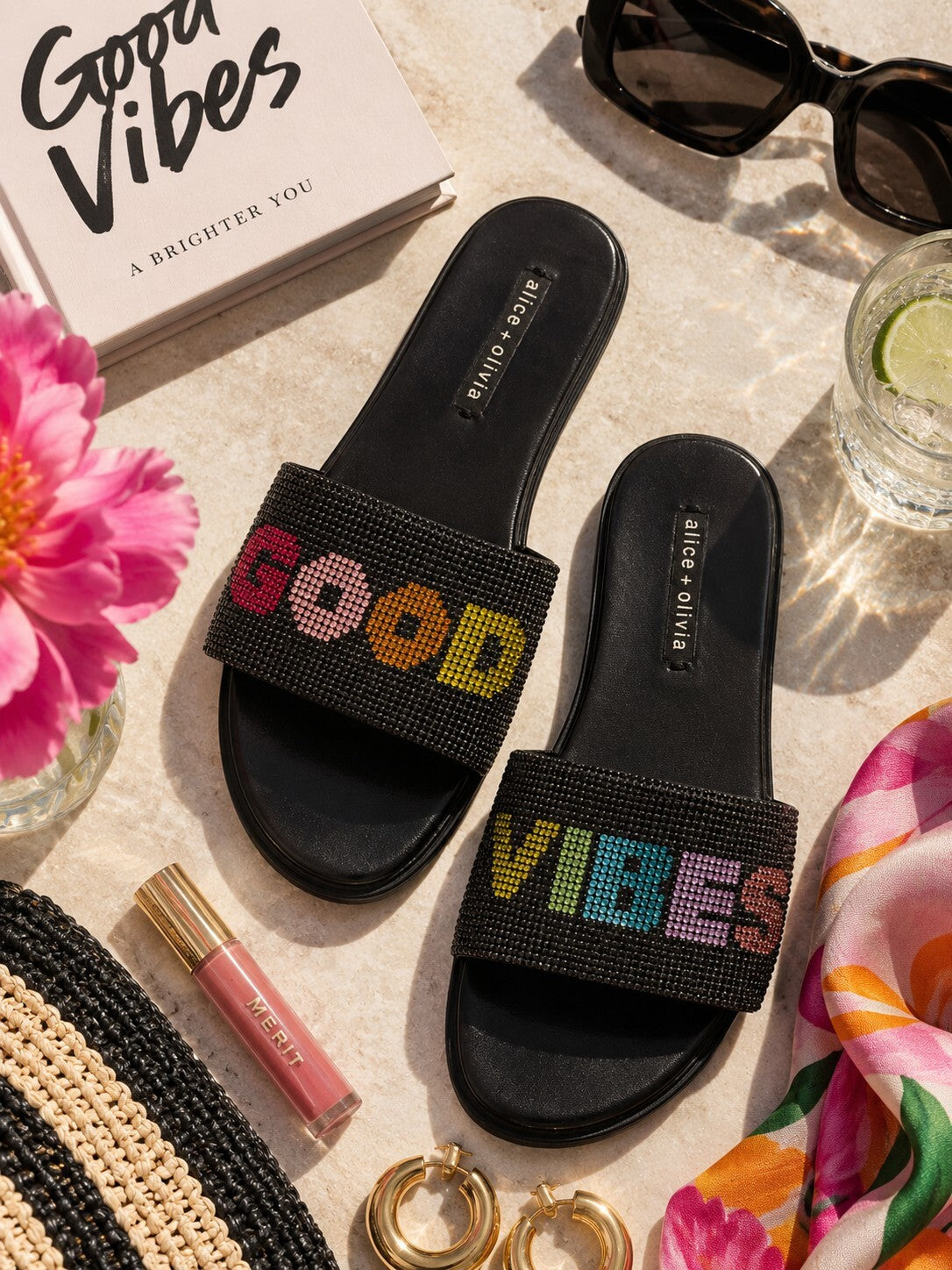 Alice & Olivia Tatumn "Good Vibes" Slide Crystal Sandals