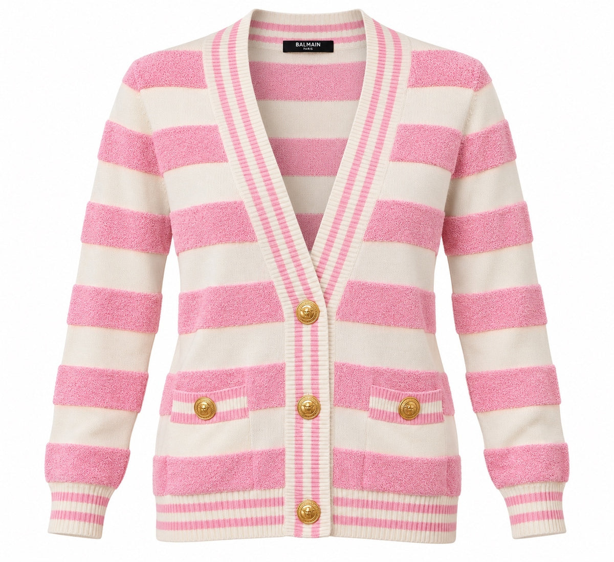 Balmain Paris Pink & White Striped Logo Cardigan
