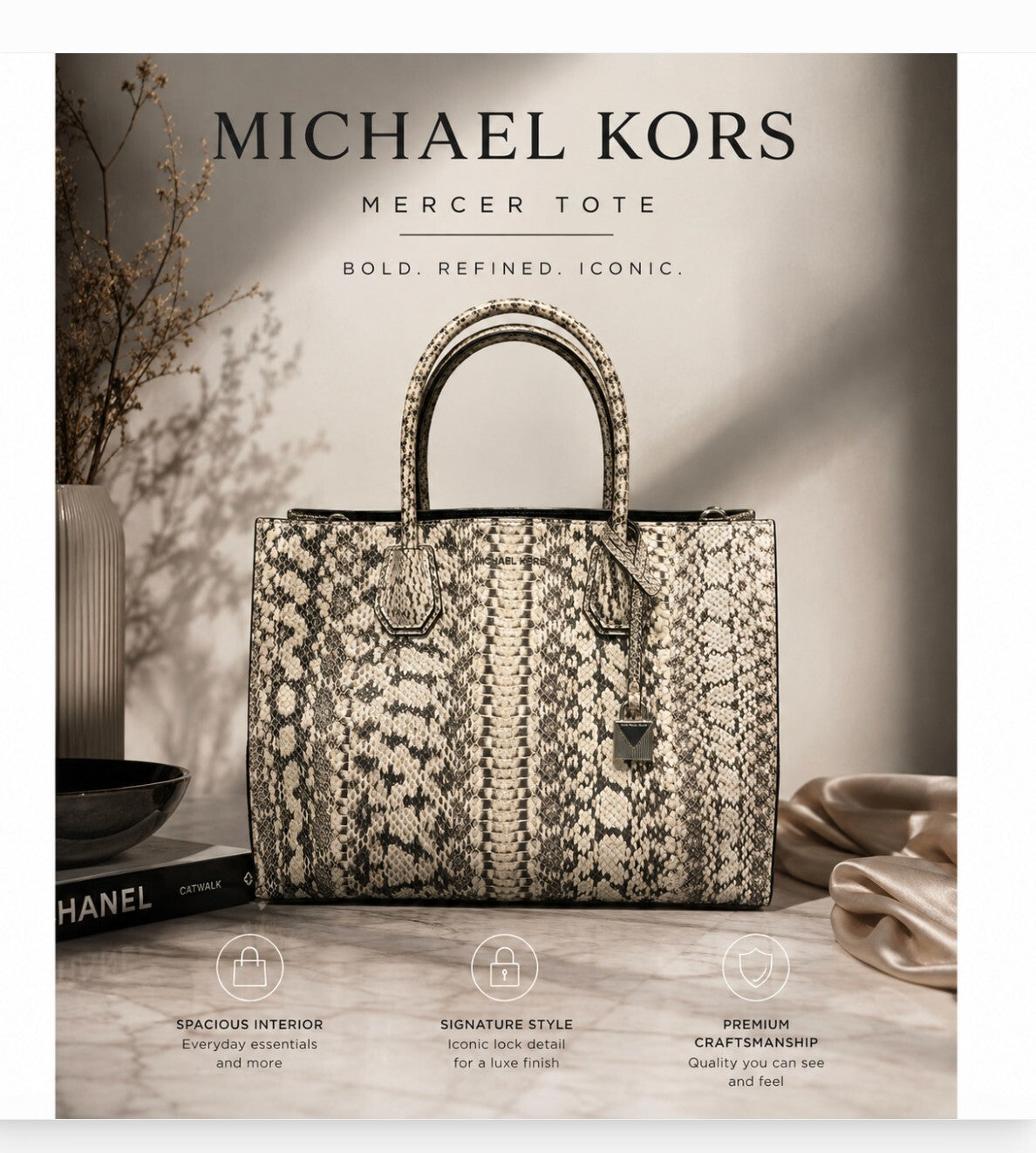 Michael Kors Mercer Large Snakeskin Tote w/ Crossbody Strap