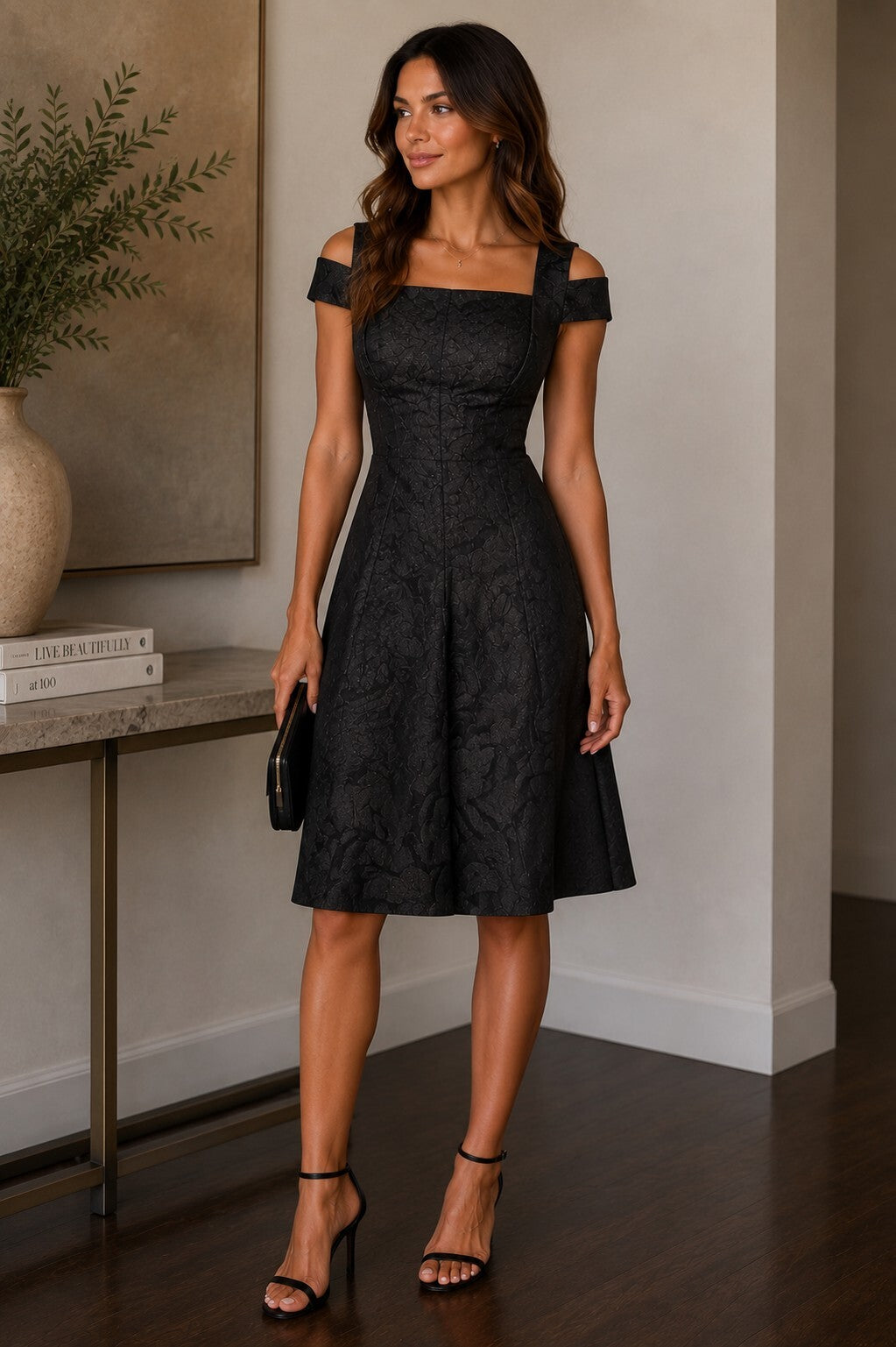 Talbot Runhof Black Jacquard Fit & Flare Cocktail Dress