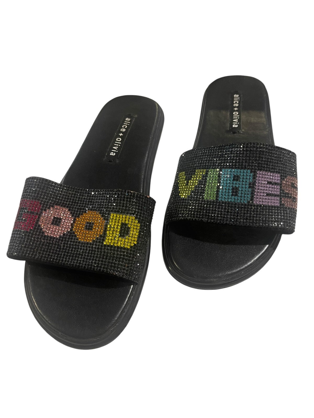 Alice & Olivia Tatumn "Good Vibes" Slide Crystal Sandals