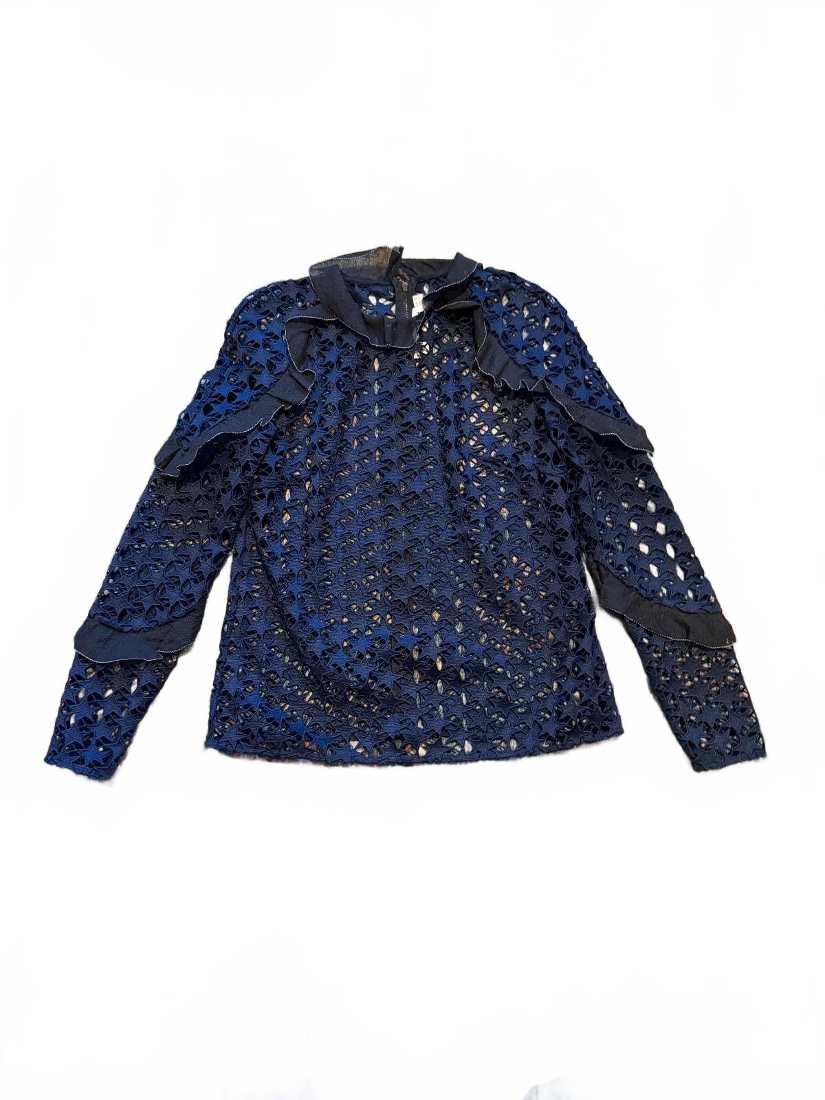 Self-Portrait Navy Blue Floral Lace Ruffle Blouse
