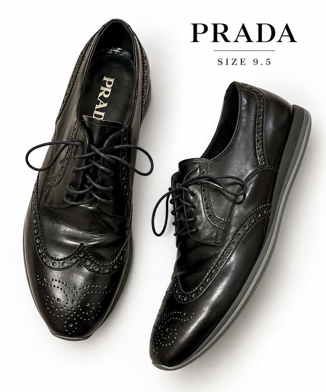 Prada Black Leather Dress Shoe w/ Brogue Detail - Wide EE