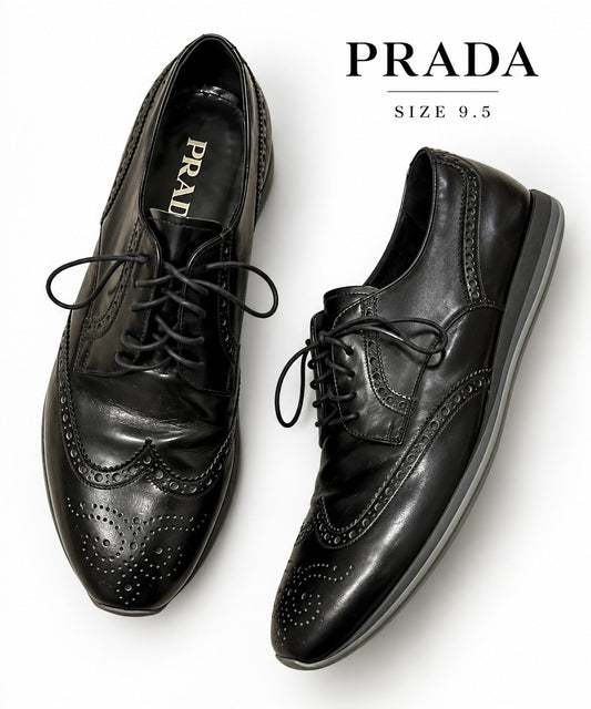 Prada Black Leather Dress Shoe w/ Brogue Detail - Wide EE