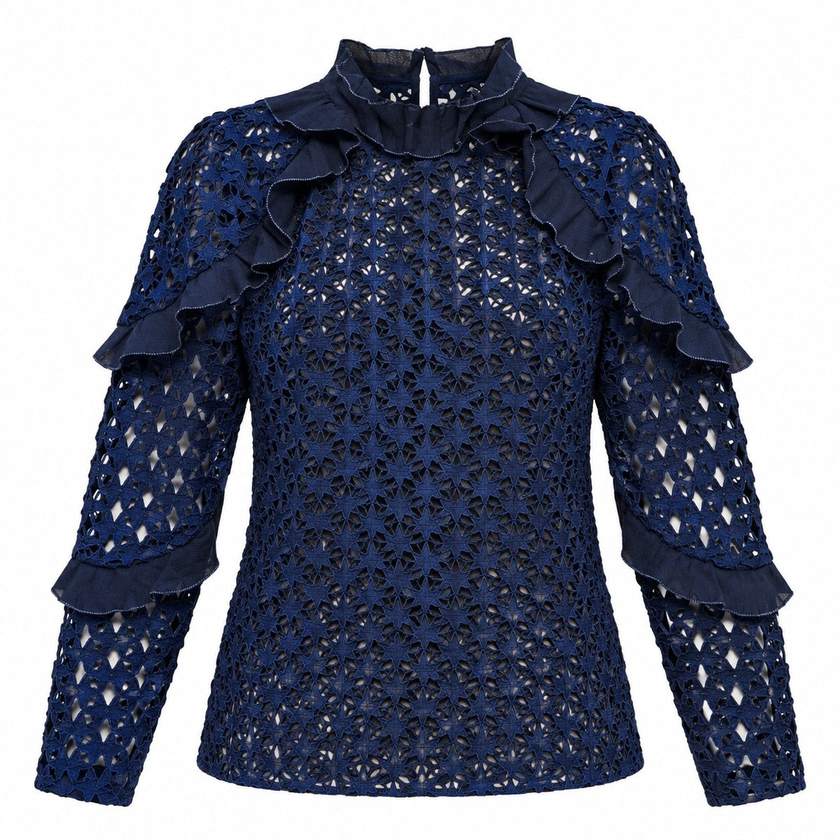 Self-Portrait Navy Blue Floral Lace Ruffle Blouse
