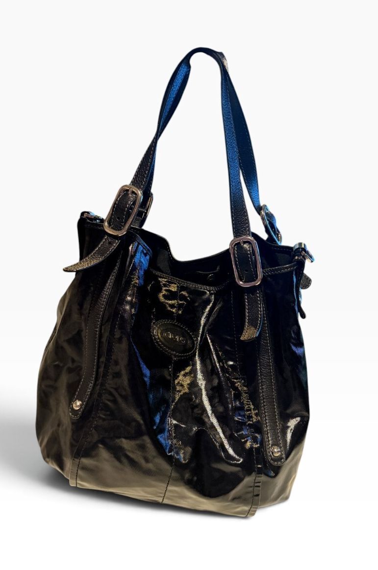 Tod's Black Glazed Coated Canvas Sacca Tote
