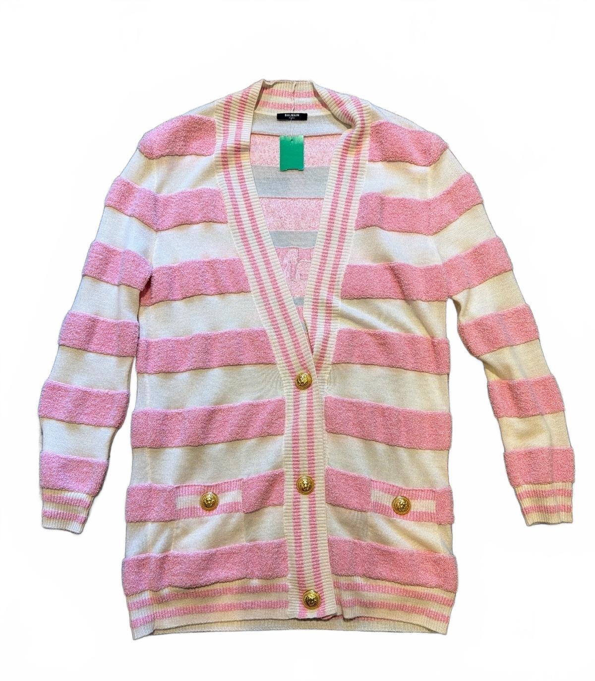 Balmain Paris Pink & White Striped Logo Cardigan