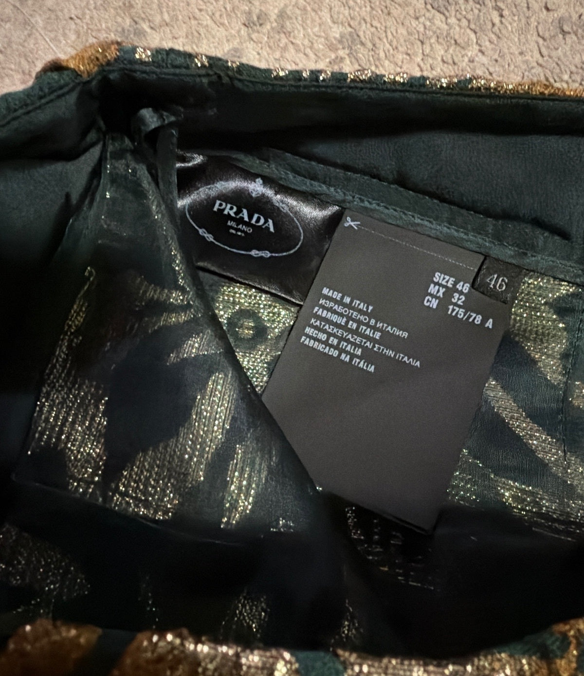Prada Gold & Green Brocade mini skirt