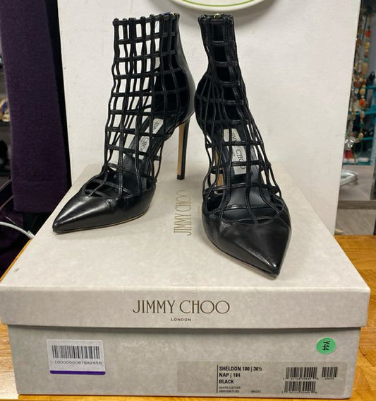 JIMMY CHOO Black Sheldon 100 Caged Leather Heels Size 36.5 US 6 BOX