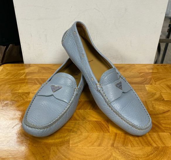 Prada Light Blue Pebbled Leather Loafers Size 38.5 US 8 8.5