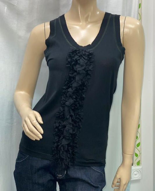 D&G Dolce & Gabbana Black Cotton Tank Top Ruffle Detail Size 4