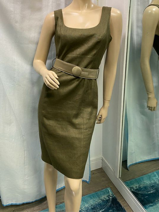 Versace Olive Green Linen Belted Tank Dress Size 40 US 4/6