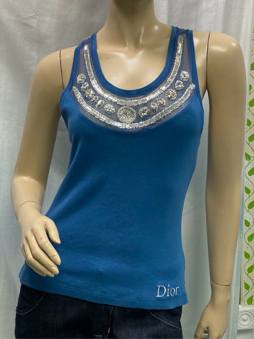 Christian Dior Blue Cotton Tank Top Rhinestone Beading Size 8