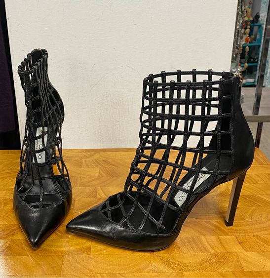 JIMMY CHOO Black Sheldon 100 Caged Leather Heels Size 36.5 US 6 BOX