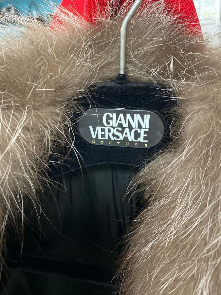 UNUSED $7000 Gianni Versace Navy Wool Coat Fox Fur Collar Size S