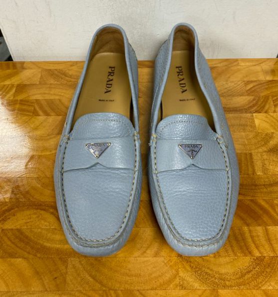 Prada Light Blue Pebbled Leather Loafers Size 38.5 US 8 8.5