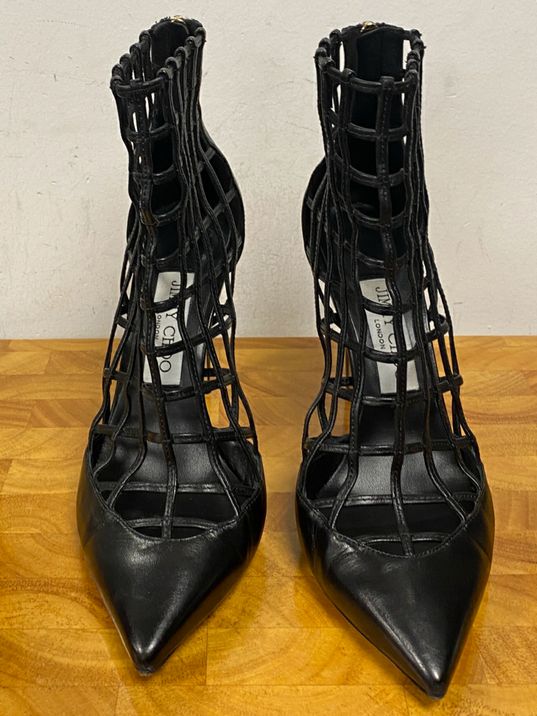 JIMMY CHOO Black Sheldon 100 Caged Leather Heels Size 36.5 US 6 BOX