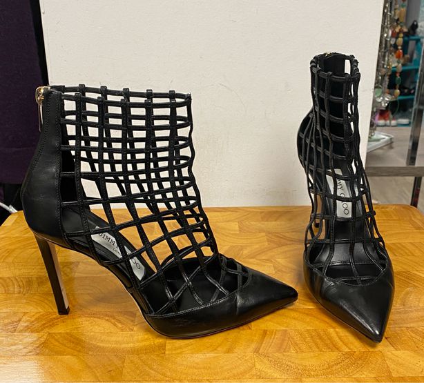 JIMMY CHOO Black Sheldon 100 Caged Leather Heels Size 36.5 US 6 BOX