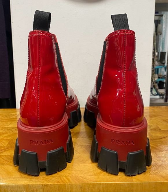 Prada Rare Red Patent Leather Monolith Boots Size 39 US 8.5/9