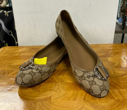 Gucci Light Brown Logo Horsebit Ballet Flats Size 8.5